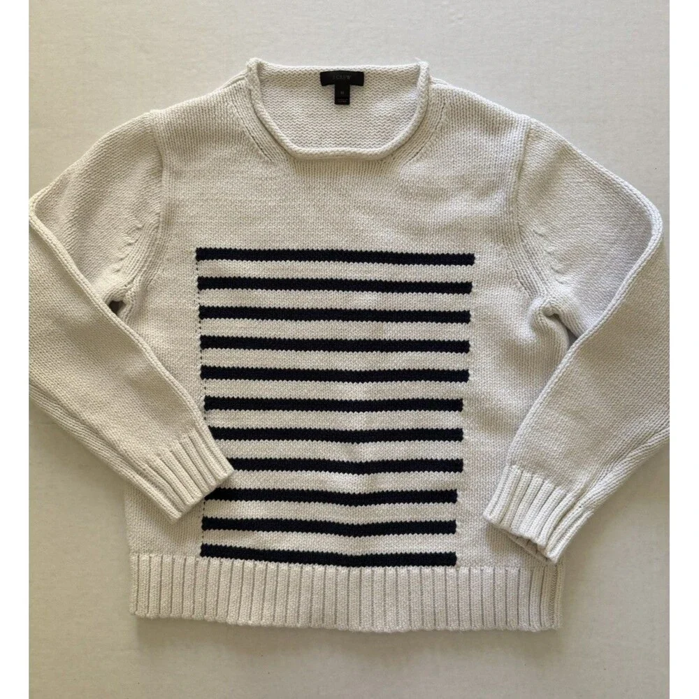 J Crew Women’s M Navy Blue White Stripe Nautical Sweater Cotton Preppy Coastal